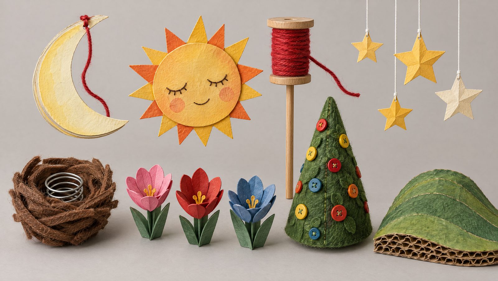 Generated prop sheet: paper moon, paper sun, spool, nest, pop-up flowers, felt tree, cardboard hill