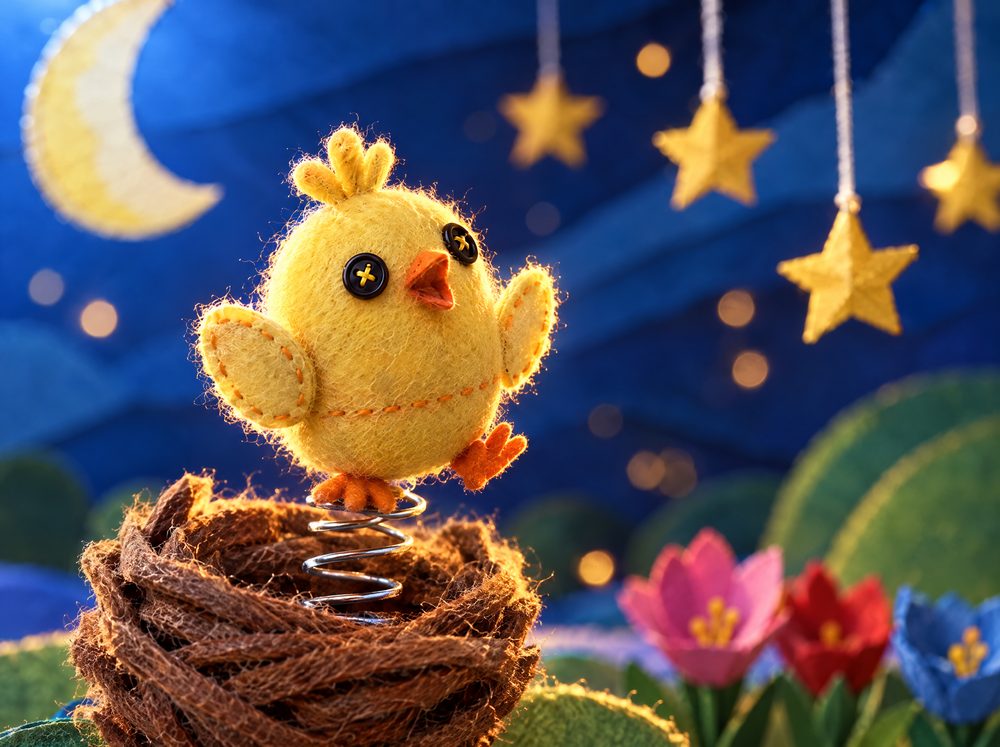 Styleframe 1: the chick springs out of the nest at night