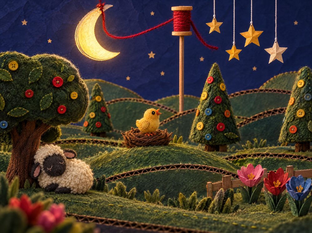Styleframe 2: wide night diorama with the moon on yarn