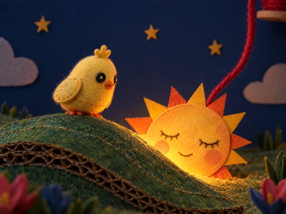 Styleframe 4: the chick finds the sleeping paper sun