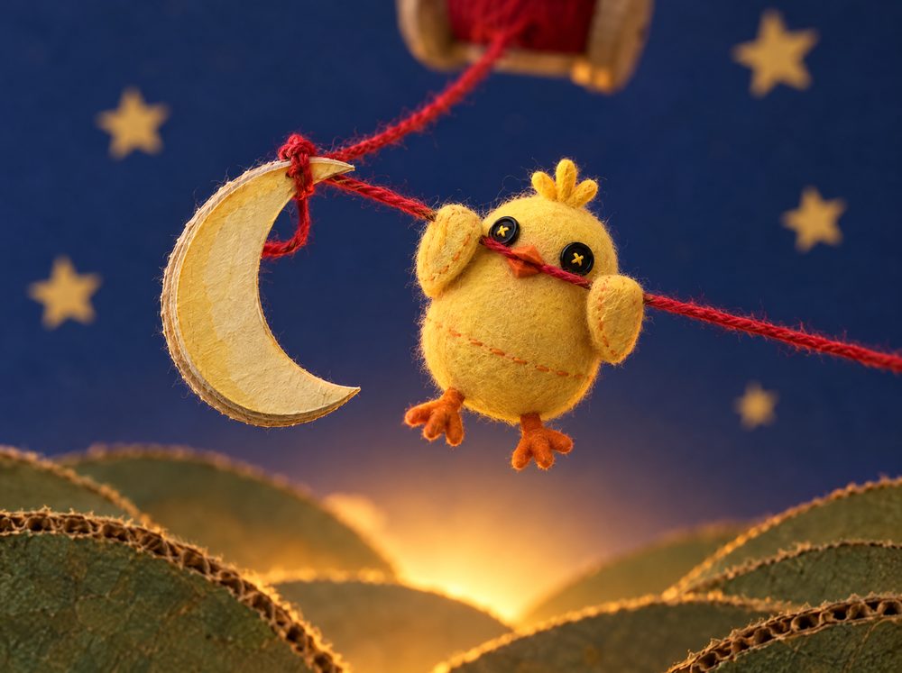 Styleframe 5: the chick hangs on the yarn