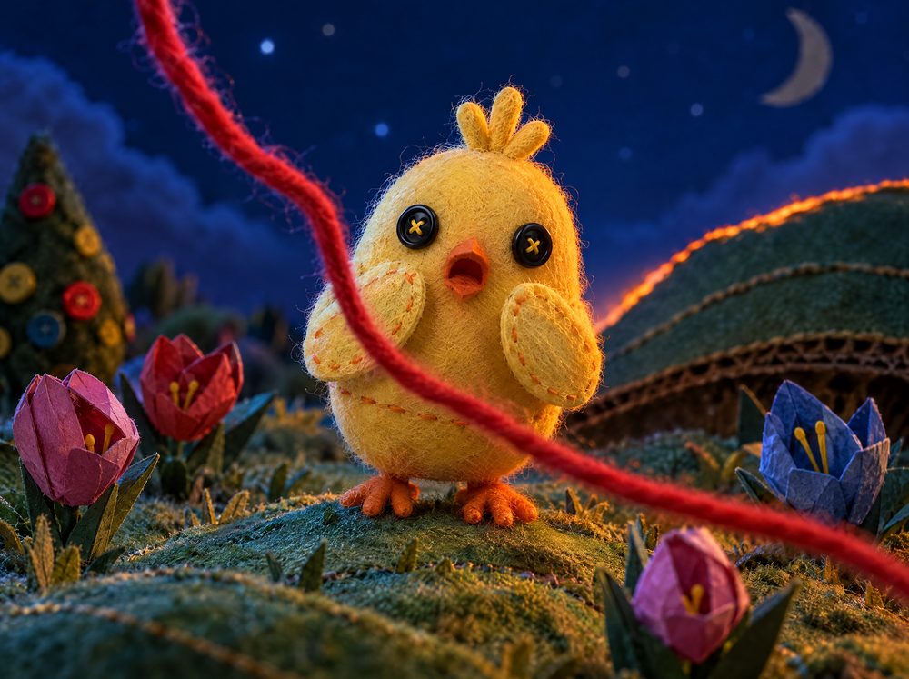 Styleframe 7: the chick holds the yarn at night