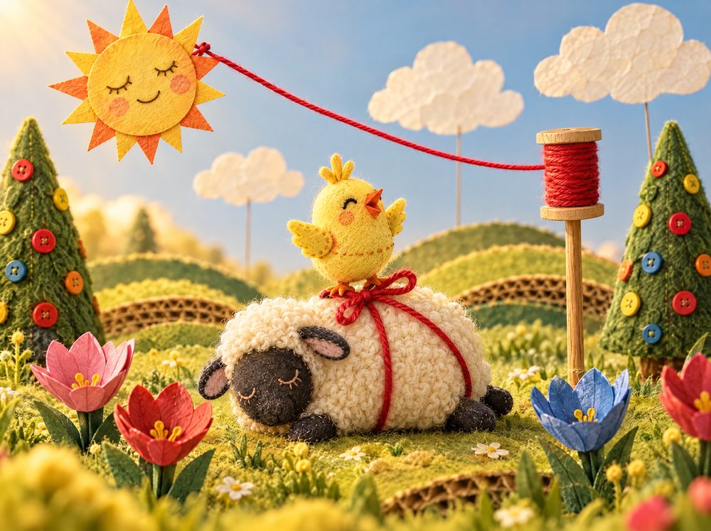 Styleframe 8: the chick on the sheep, yarn tied in a bow
