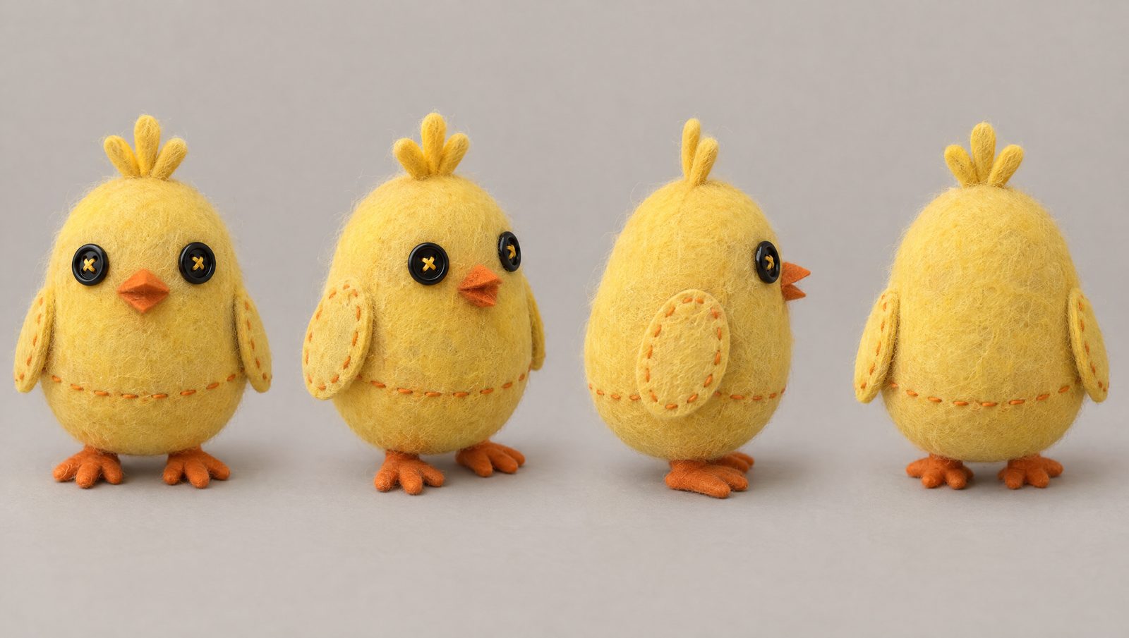 Generated turnaround of a yellow felt chick in four views